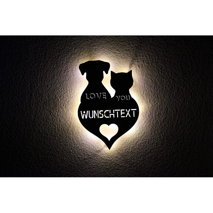 3D Love You Hund & Katze LED Schlummerlicht Lasergravur Nachtlicht Personalisiert mit Wunschtext Geschenk für Sie Ihn