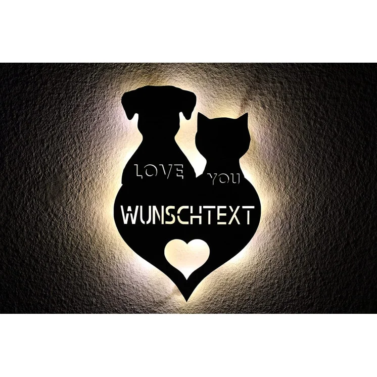 3D Love You Hund & Katze LED Schlummerlicht Lasergravur Nachtlicht Personalisiert mit Wunschtext Geschenk für Sie Ihn