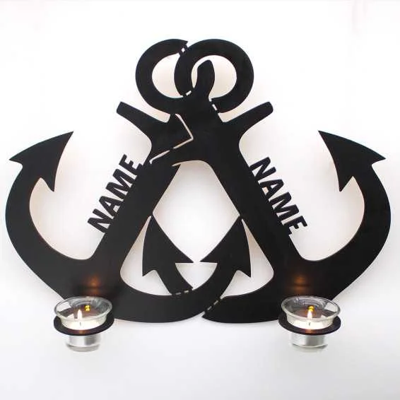 Teelichthalter Kerzenhalter Gekreuzte Anker aus MDF Holz - Wand Dekoration Zwei Anker personalisiert mit Wunschtext oder Name