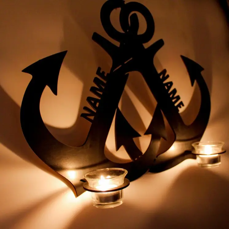 Teelichthalter Kerzenhalter Gekreuzte Anker aus MDF Holz - Wand Dekoration Zwei Anker personalisiert mit Wunschtext oder Name