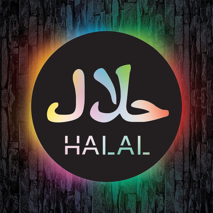 LEON - FOLIEN Halal Wandschild RGB Farbwechsel حلال Fenster Zeichen für ihren Imbiss - Restaurant - Markt - Mit 16 USB LED