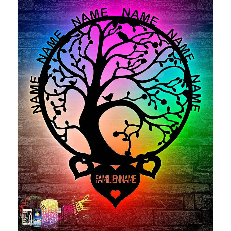 Lebensbaum FamilienbaumRGB Farbwechsel - Mit 16 LED Farben USB App Bedienung/Musikgesteuert - personalisiert mit Wunschnamen -