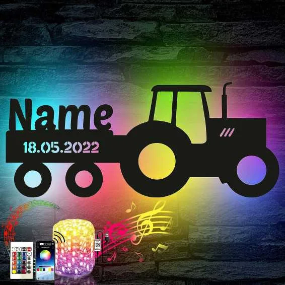 Traktor RGB Farbwechsel Kinderlampe für Kinderzimmer - Mit 16 LED Farben USB App Bedienung / Musikgesteuert - personalisiert mit