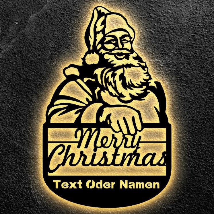 LEON FOLIEN Weihnachtsmann Led Personalisiert auf Holz Wanddeko - Weihnachten - Weihnachtsgeschenke - Merry Christmas -