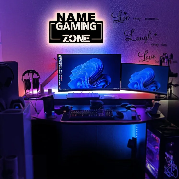LEON FOLIEN Gaming Zone RGB Gamer Geschenke personalisiert Mit NAME I Zimmer Beleuchtung Wand Lampe in LED - für Videospiel Fans