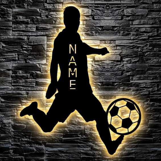 LEON FOLIEN Fußball Geschenke mit Namen für Jungs Männer Mädchen LED Lampe Nachtlicht mit Personalisierung in 7 Farben Aus MDF