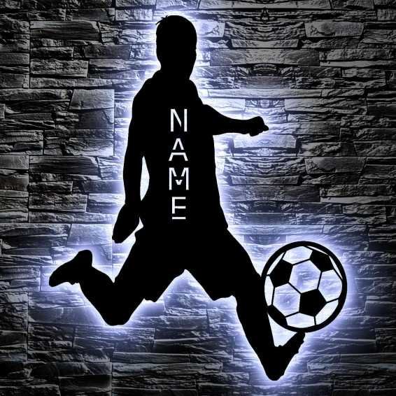 LEON FOLIEN Fußball Geschenke mit Namen für Jungs Männer Mädchen LED Lampe Nachtlicht mit Personalisierung in 7 Farben Aus MDF