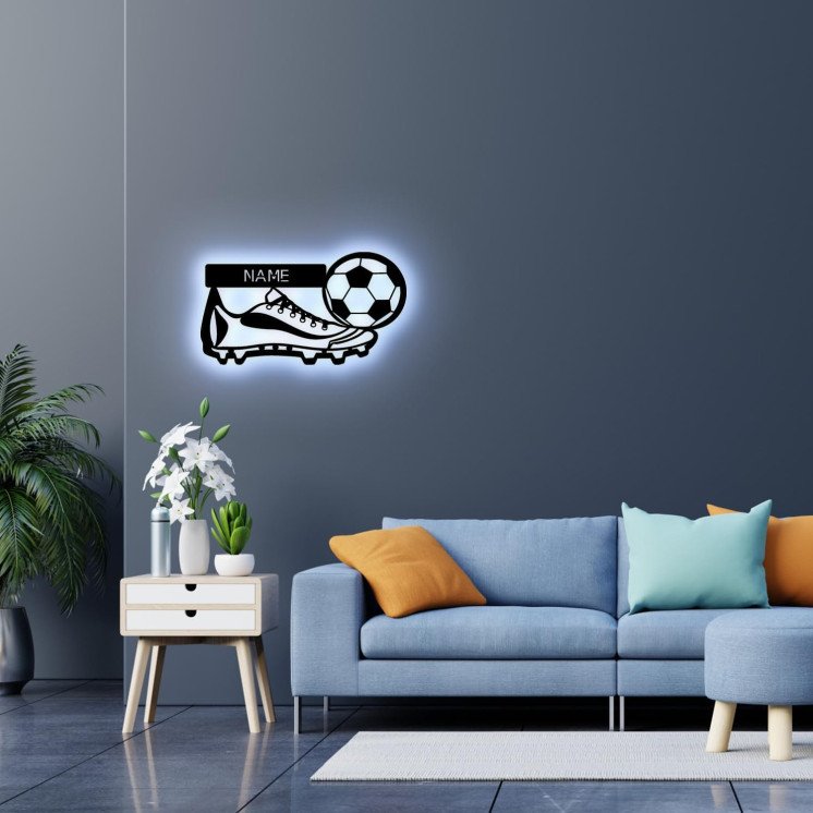 LEON FOLIEN Fußball Nachtlicht Schlummerlicht Geschenk Deko MDF Holz led Wand - Lampe personalisiert mit Namen für Kinder Jungs