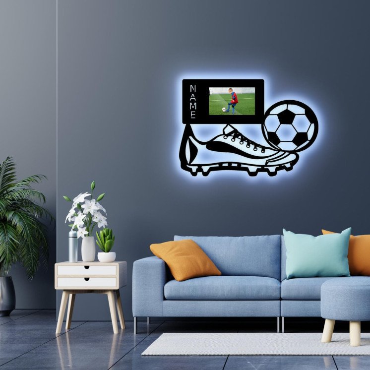 LEON FOLIEN Fußball Bilderrahmen Geschenke Bild mit Namen für Jungs Männer Mädchen LED Lampe Nachtlicht mit Personalisierung in