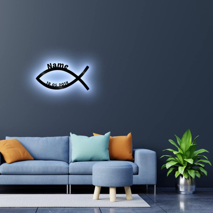 LEON FOLIEN Kommunion Fisch Led Nachtlicht Lampe Geschenke mit individuellem Namen & Datum, ideal als Geburtsgeschenke