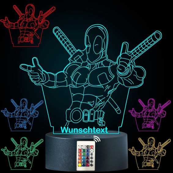 LEON - FOLIEN 3D Illusion Superheld Ninja Lampe personalisiert mit Wunschtext Super Hero Nachtlicht Tischlampe 16 Farben USB