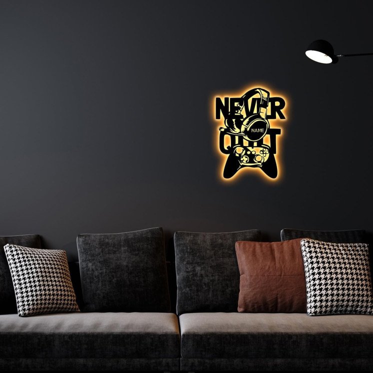 NEVER QUIT Led Gaming Schild - Gamer Geschenkidee personalisiert Mit Name Zimmer Beleuchtung Wand Lampe - Zimmer Deko -