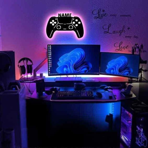 LEON FOLIEN Led Gaming Controller Lampe - Gaming Zimmer Deko - Wandlampe Mit Name - Personalisierte Wanddeko - Besondere