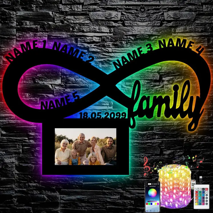 LEON - FOLIEN Family Mit Namen RGB Bilderrahmen Schlummerlicht Farbwechsel mit 16 LED Farben USB App Bedienung personalisiert