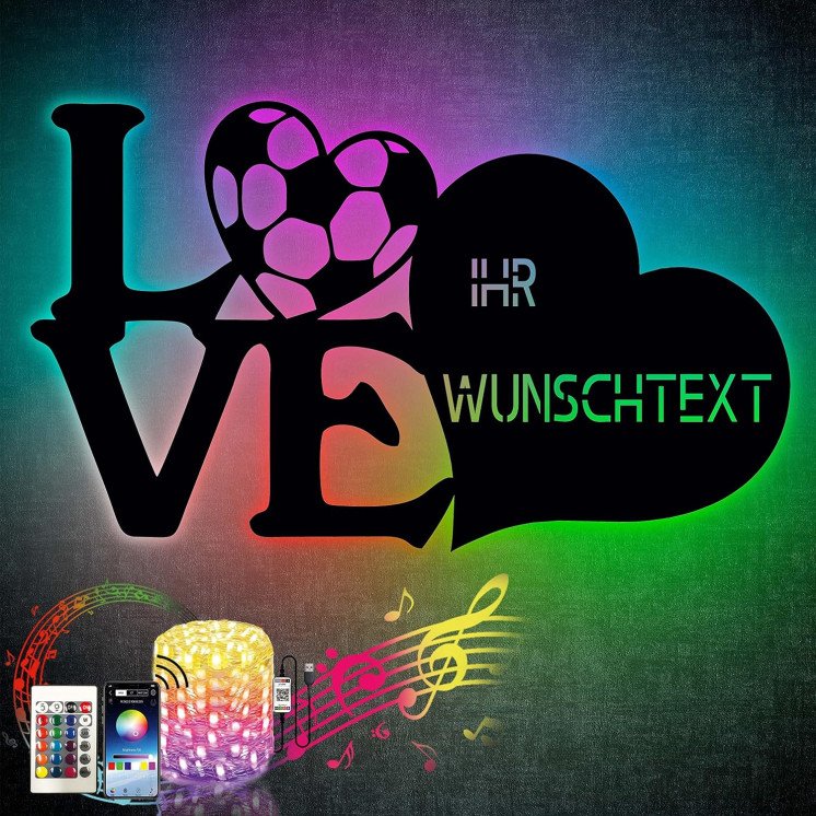 Fußball RGB Wandschild Schlummerlicht Nachtlicht LED Deko Liebe Herzchen personalisierte Liebesbeweise mit Wunschnamen Partner