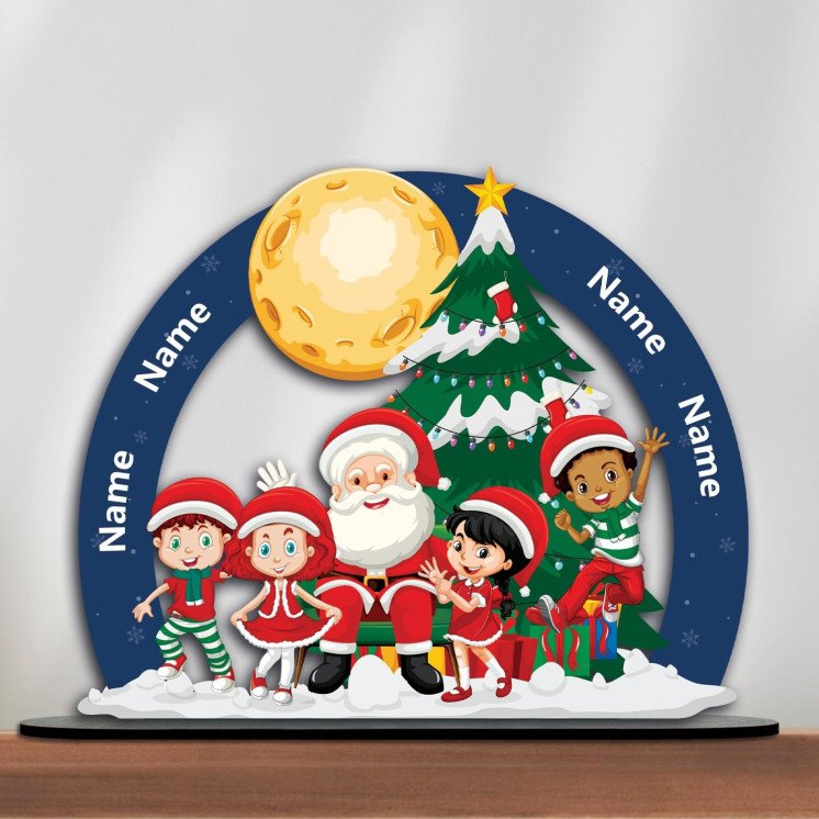 Weihnachtsmann 3D Cartoon Personalisiert bis 4 Namen auf Holz gedruckt Wanddeko LED