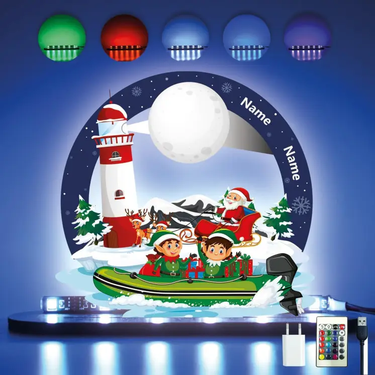 Weihnachtsmann 3D Cartoon Personalisiert bis 2 Namen auf Holz gedruckt Santa Claus - UV13 LED
