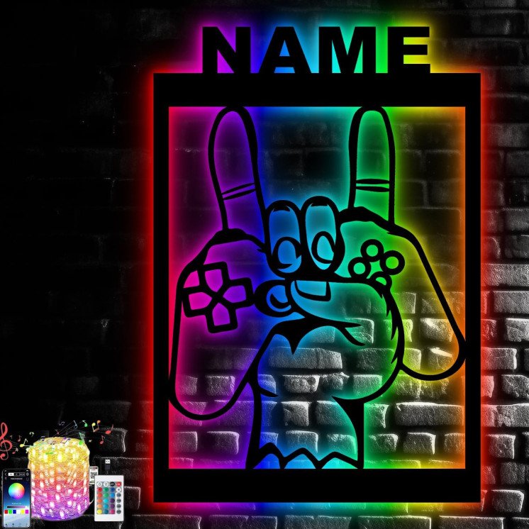 Gaming Led Schild in RGB Beleuchtung - Personalisiert NAME auf Holz - Gamer Geschenke - Besondere Geschenke für Videospiel -