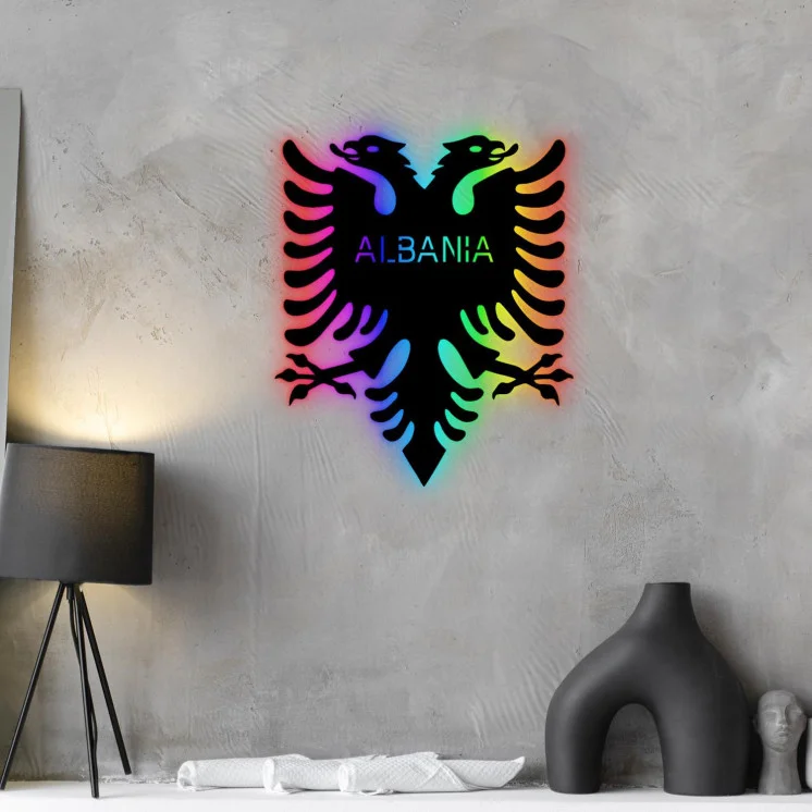 RGB LED Albania - Albanische Doppeladler - Lasergravur Shqipërisë Wunschtext Schlummerlicht für Schlafzimmer Wohnzimmer - in 7