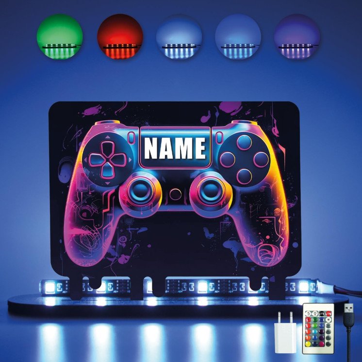Controller Gamer Gaming - Personalisiert NAME auf Holz gedruckt Tischdeko (optional) Led RGB Beleuchtung - Geschenke - Besondere