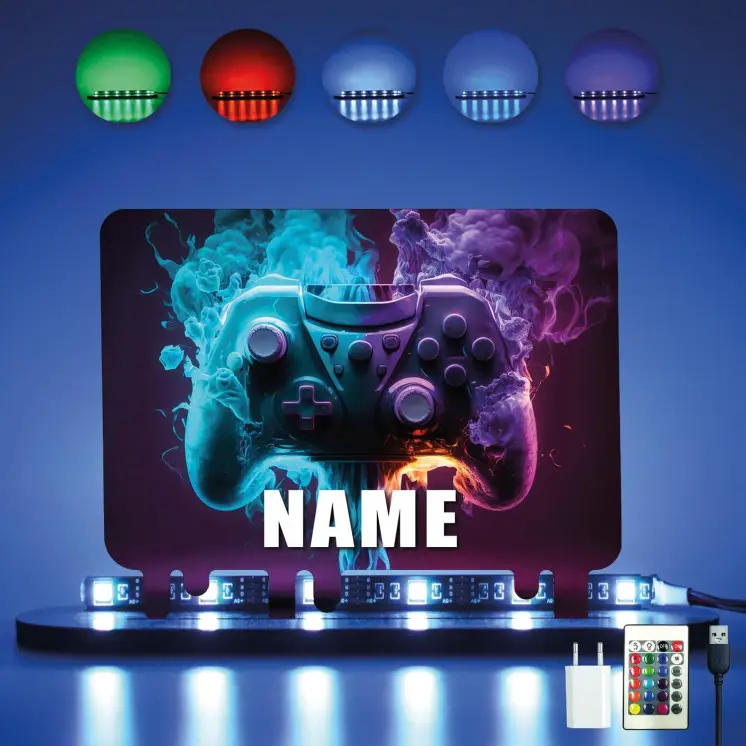 Controller Gamer Gaming (optional) Led RGB Beleuchtung - Personalisiert NAME auf Holz gedruckt Tischdeko - Geschenke - Besondere