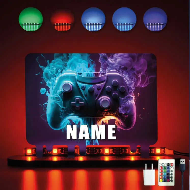 Controller Gamer Gaming (optional) Led RGB Beleuchtung - Personalisiert NAME auf Holz gedruckt Tischdeko - Geschenke - Besondere