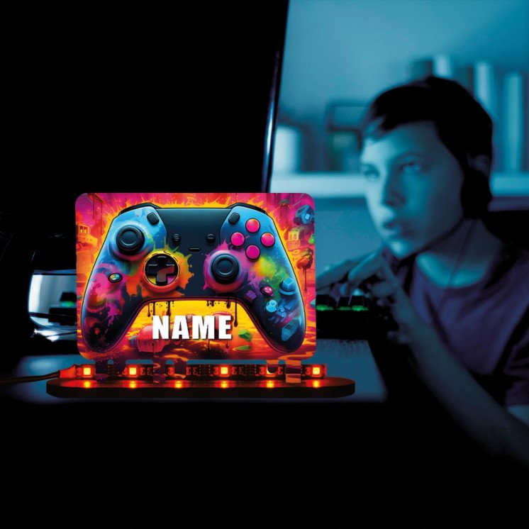 3D Controller Gamer Gaming (optional) Led RGB Beleuchtung - Personalisiert NAME auf Holz gedruckt Tischdeko - Geschenke -