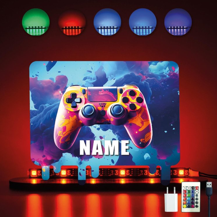 3D GAMER Controller Gaming (optional) Led RGB Beleuchtung - Personalisiert NAME auf Holz gedruckt Tischdeko - Geschenke -