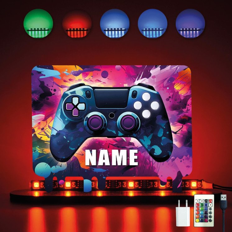 3D Controller Gamer Gaming (optional) Led RGB Beleuchtung - Personalisiert NAME auf Holz gedruckt Tischdeko - Geschenke -