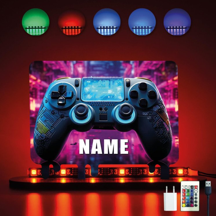 3D Tischdeko GAME Controller Gamer Gaming (optional) Led RGB Beleuchtung - Personalisiert NAME auf Holz gedruckt Tischdeko -