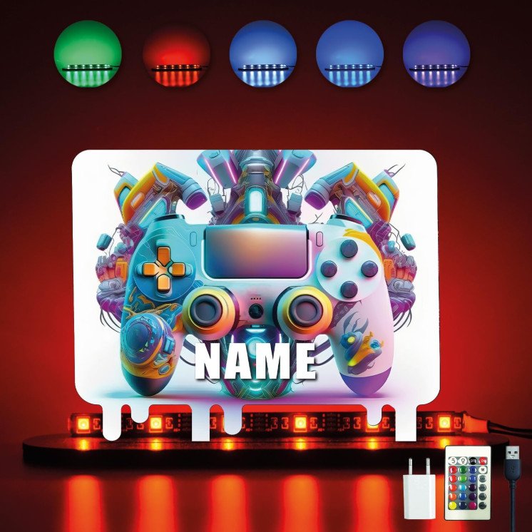3D GAMER Personalisiert NAME auf Holz gedruckt Tischdeko - Controller Gamer Gaming (optional) Led RGB Beleuchtung - Geschenke -
