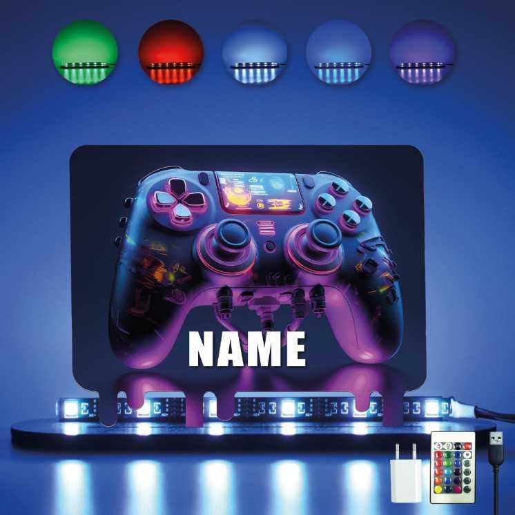 3D Style Controller Gamer Gaming (optional) Led RGB Beleuchtung - Personalisiert NAME auf Holz gedruckt Tischdeko - Geschenke -