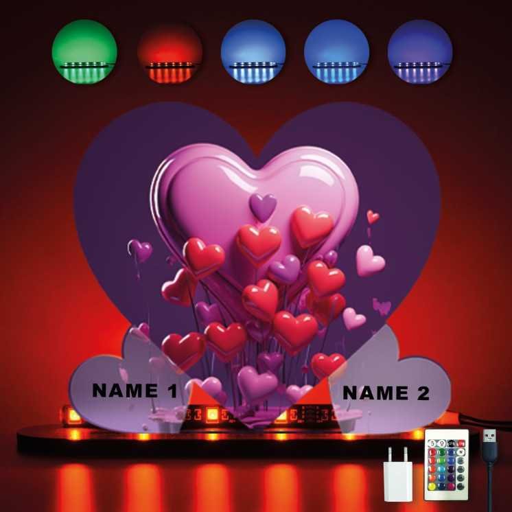 3D Herz Personalisiert 2 NAMEN auf Holz gedruckt (optional) Led RGB Beleuchtung - Geschenke - Hochzeitsgeschenk - brautpaar -