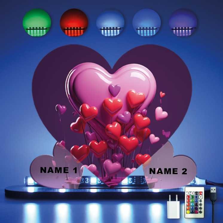 3D Herz Personalisiert 2 NAMEN auf Holz gedruckt (optional) Led RGB Beleuchtung - Geschenke - Hochzeitsgeschenk - brautpaar -