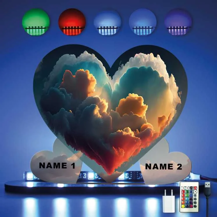 3D Herzen Personalisiert 2 NAMEN auf Holz gedruckt (optional) Led RGB Beleuchtung - Geschenke - Hochzeitsgeschenk - brautpaar -