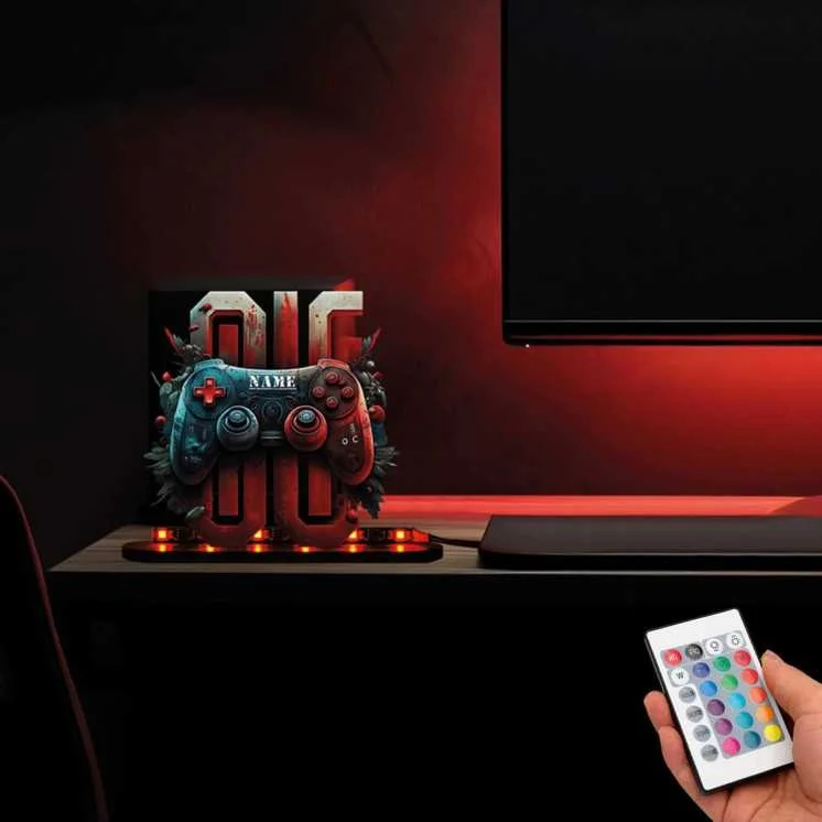 3D Style Controller Gamer Gaming (optional) Led RGB Beleuchtung - Personalisiert Name auf Holz gedruckt Tischdeko - Geschenke -
