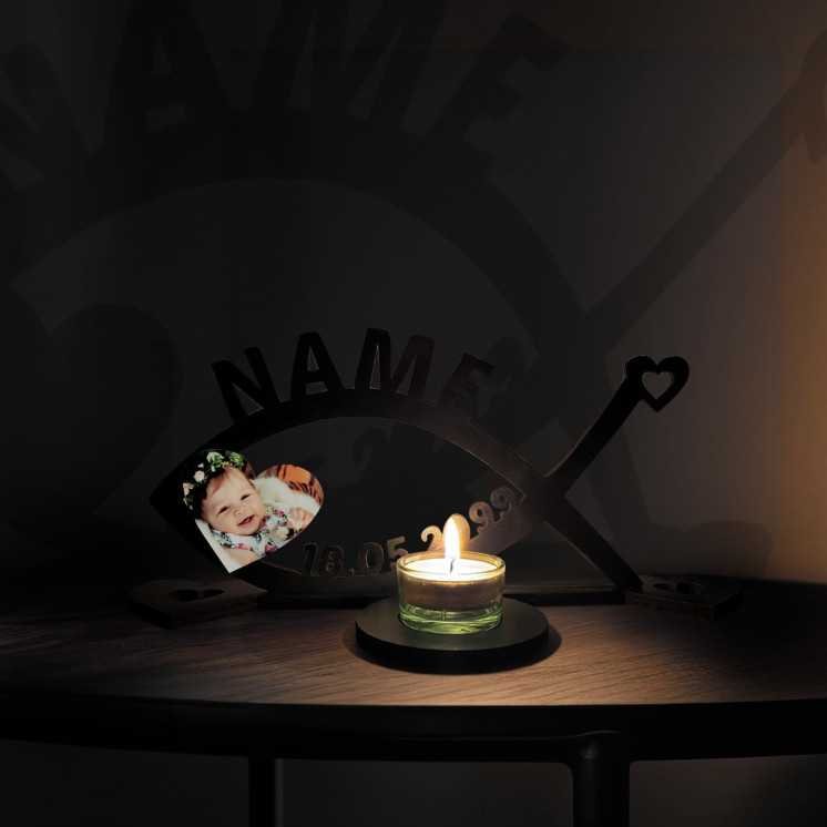 Teelichthalter Fisch Kerzenhalter Fische Mit Name,Datum & Foto auf Holz gedruckt - Tisch Dekoration für Taufe Kommunion