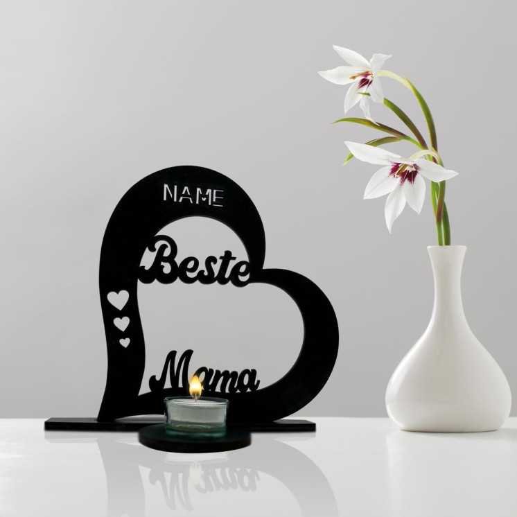 Beste Mama Muttertagsgeschenk Herz Teelichthalter personalisiert Name, zum Muttertag Geburtstag mit Kerze in 7 Farben Aus MDF