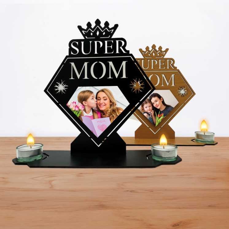 SUPER MOM - Beste Mama Muttertagsgeschenk Herz Teelichthalter personalisiert Name Herzen zum Muttertag Geburtstag mit Kerze -