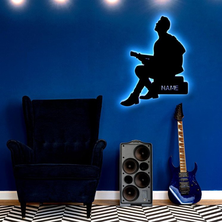 LED Gitarre Junger Mann Acoustic Guitar Klassische Musik Nachtlicht personalisierte Geschenk für Sie Ihn mit Name aus MDF Holz