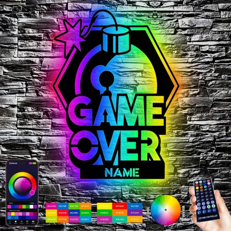 RGB Led Gaming Schild - Game Over Gaming Zone - Gamer Geschenkidee personalisiert Mit Name Wand Lampe - Zimmer Deko - Besondere