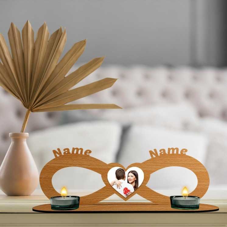 Teelichthalter Unendlichkeitszeichen Mit Foto auf Holz gedruckt Liebesgeschenk personalisiert mit 2 Namen Geschenk zur Hochzeit
