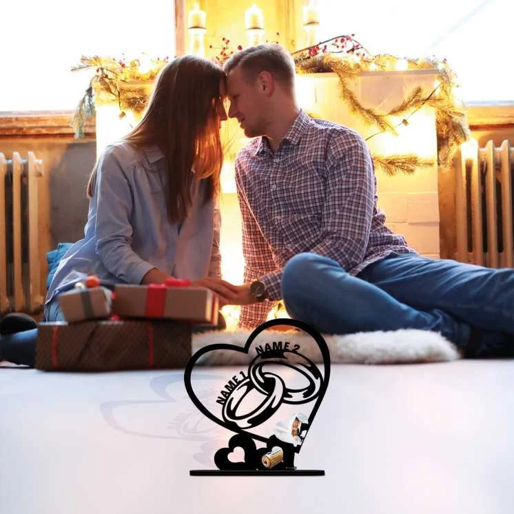 Geldgeschenk Herzen Ringe Partner Geschenke mit 2 Namen Personalisierung Foto auf Holz gedruckt Hochzeitsgeschenk brautpaar