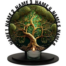 New 3D Lebensbaum auf Holz gedruckt Tischdeko & (Optional) Teelichthalter Glas personalisiert bis zu 6 Namen Familienbaum