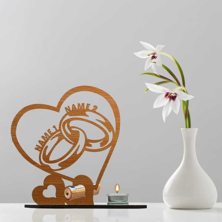 Teelichthalter Geldgeschenk Herzen Ringe Partner Geschenke mit 2 Namen - Personalisierung - Hochzeitsgeschenk - brautpaar -