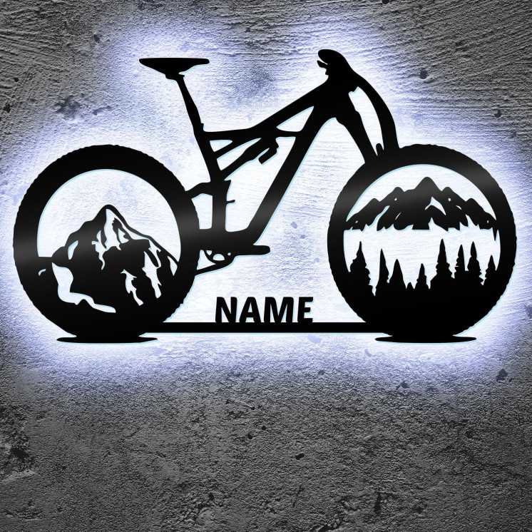 Fahrrad Wald Skyline LED Wandbild Leuchtschild Geschenke Mit Name - Wand Lampe - zum Geburtstag oder Jubiläum für die Familie