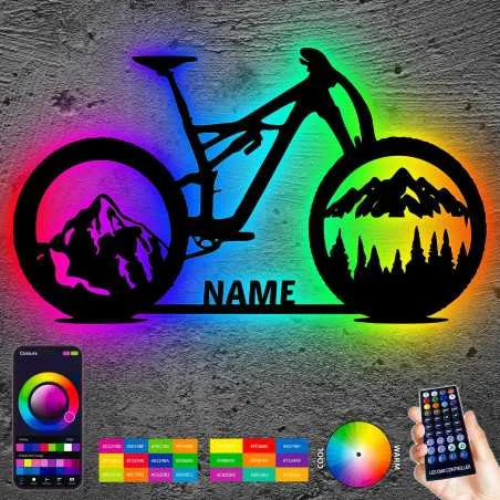 Fahrrad Wald Skyline Led RGB Wandbild Leuchtschild Geschenke Mit Name - Wand Lampe - zum Geburtstag oder Jubiläum für die