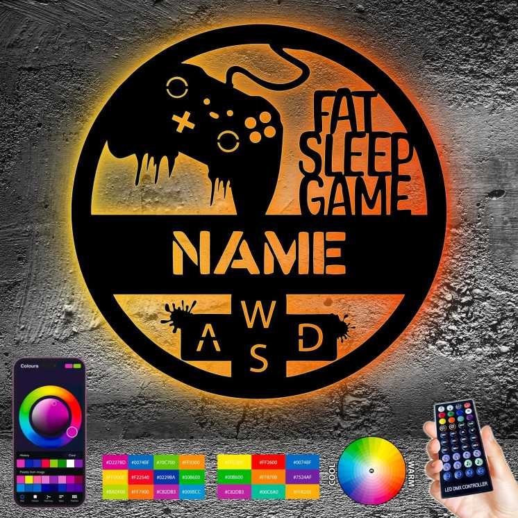 FAT SLEEP GAME - RGB Led Gaming Schild - Gamer Geschenkidee personalisiert Mit Name - Wand Lampe - Zimmer Deko - Besondere