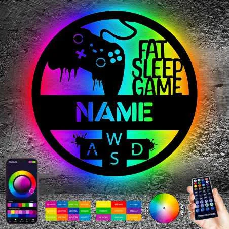 FAT SLEEP GAME - RGB Led Gaming Schild - Gamer Geschenkidee personalisiert Mit Name - Wand Lampe - Zimmer Deko - Besondere