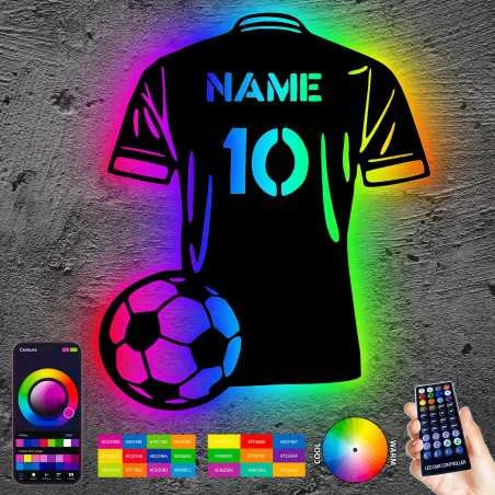 LEON FOLIEN Fußball trikot personalisieren RGB Led Licht mit Namen & Nummer – Fussballer aus MDF-Holz Fussball Geschenke für